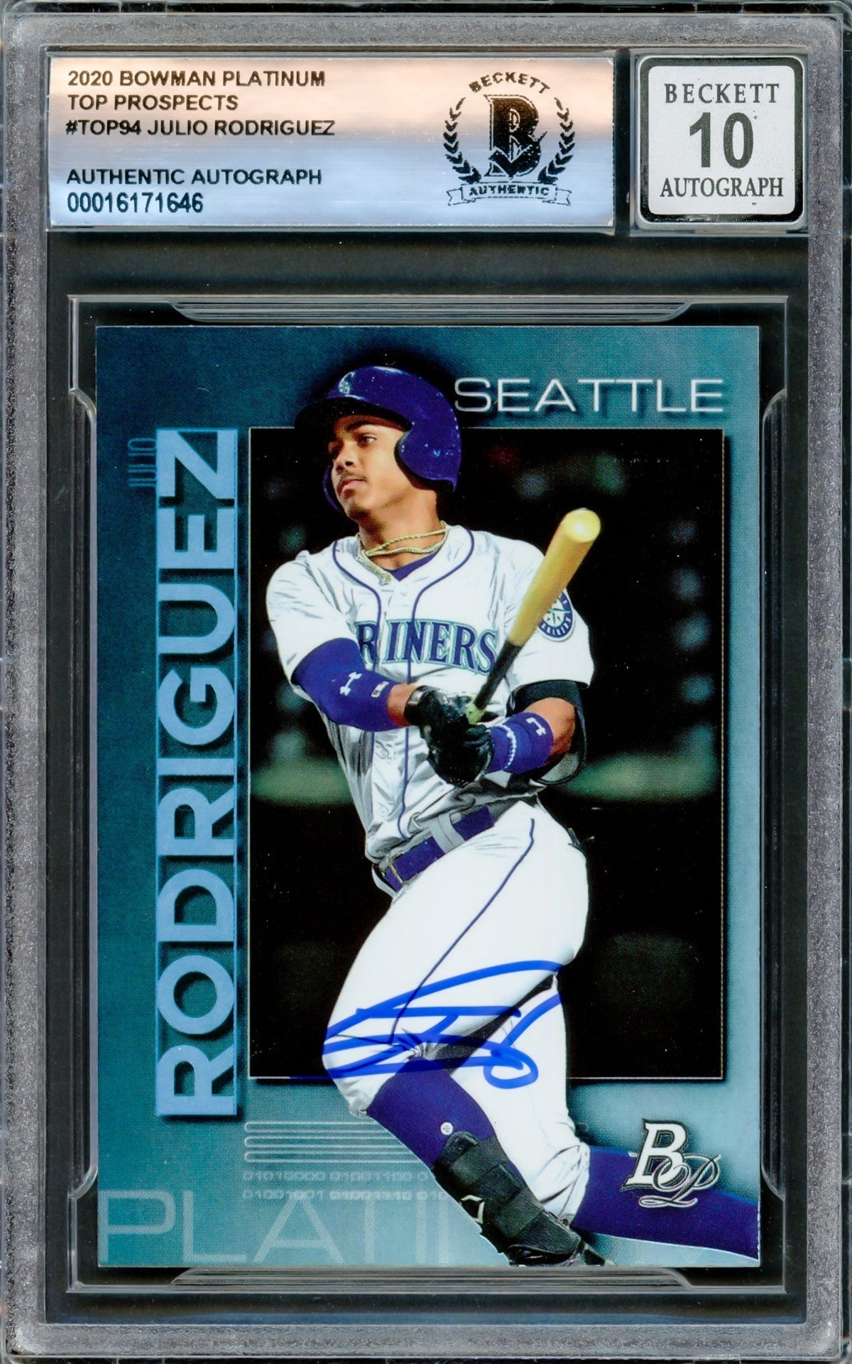 Julio Rodriguez Autographed 2020 Bowman Platinum Rookie Card #TOP94 Seattle Mariners Auto Grade Gem Mint 10 Beckett BAS #16171646