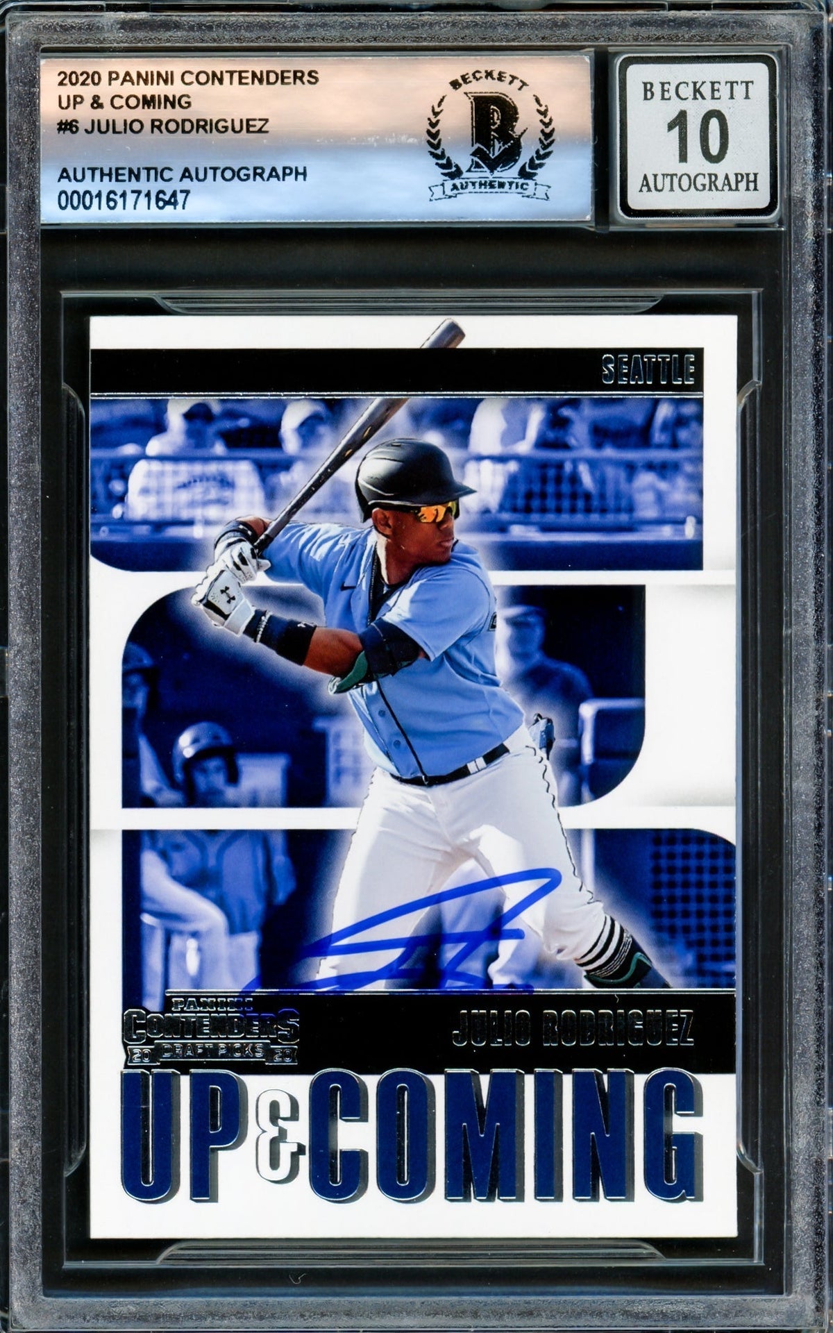 Julio Rodriguez Autographed 2020 Panini Contenders Rookie Card #UC6 Seattle Mariners Auto Grade Gem Mint 10 Beckett BAS #16171647