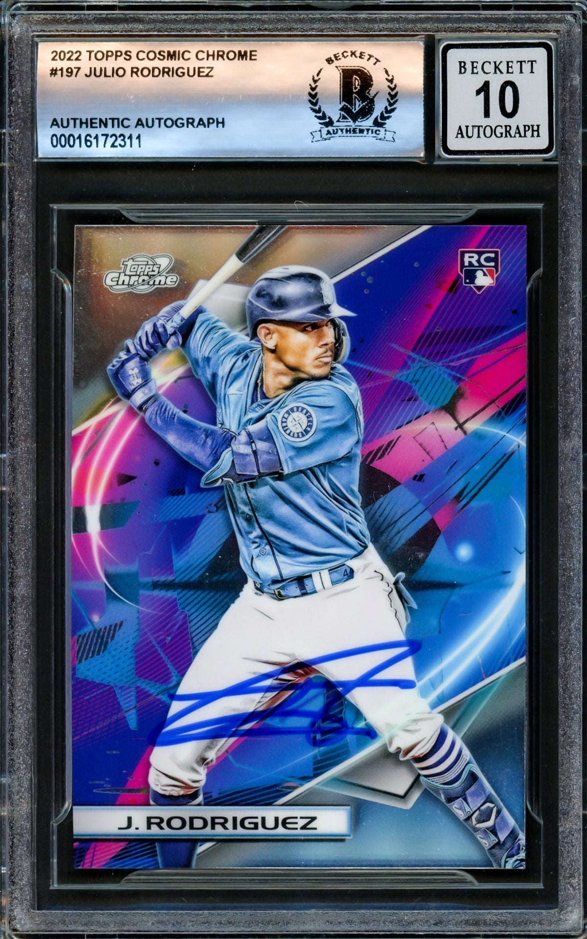 Julio Rodriguez Autographed 2022 Topps Cosmic Chrome Rookie Card #197 Seattle Mariners Auto Grade Gem Mint 10 Beckett BAS #16172311
