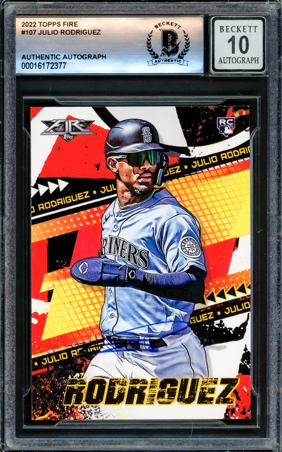 Julio Rodriguez Autographed 2022 Topps Fire Rookie Card #107 Seattle Mariners Auto Grade Gem Mint 10 Beckett BAS #16172377
