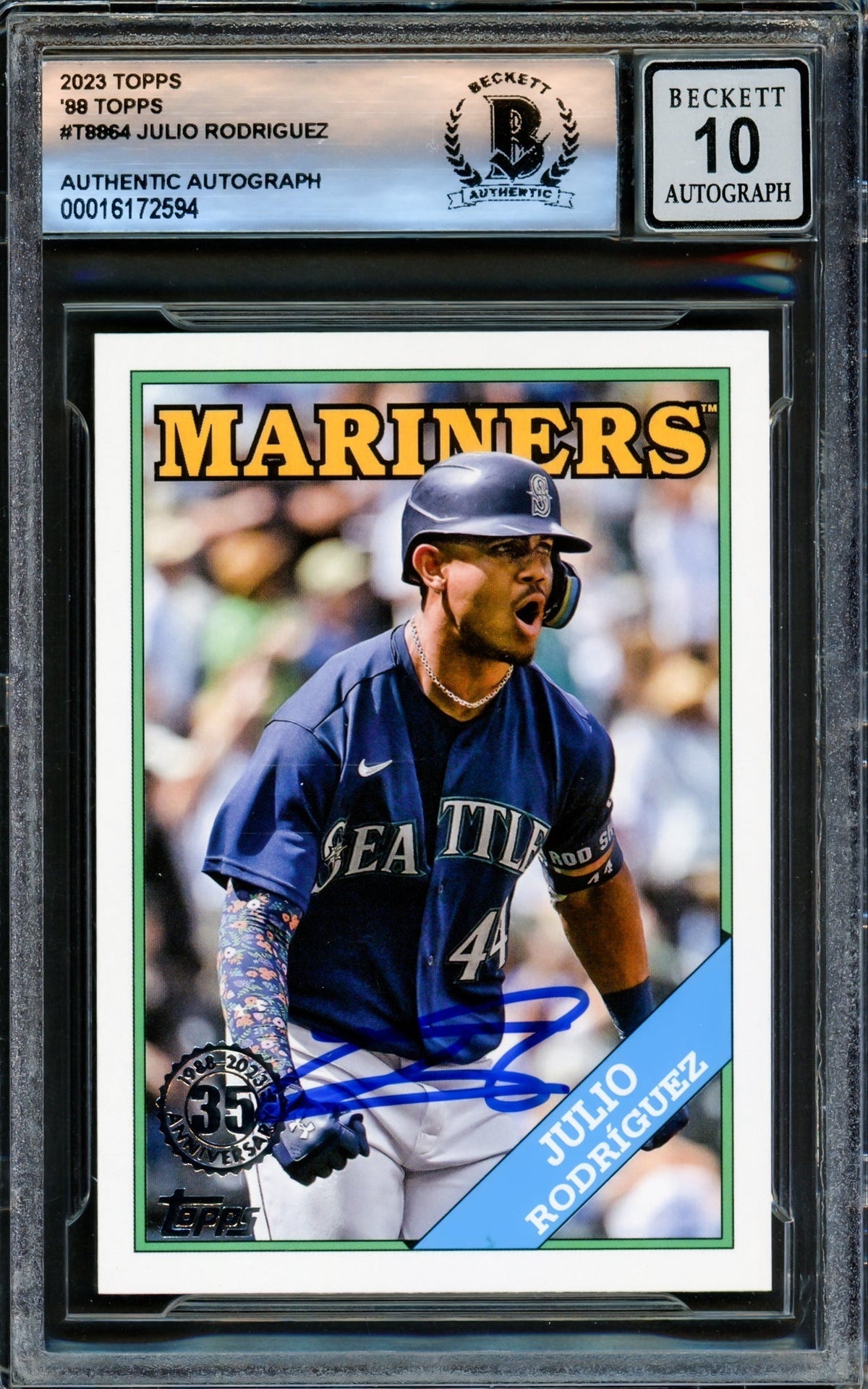 Julio Rodriguez Autographed 2023 Topps 35th Anniversary Card #T88-64 Seattle Mariners Auto Grade Gem Mint 10 Beckett BAS #16172594