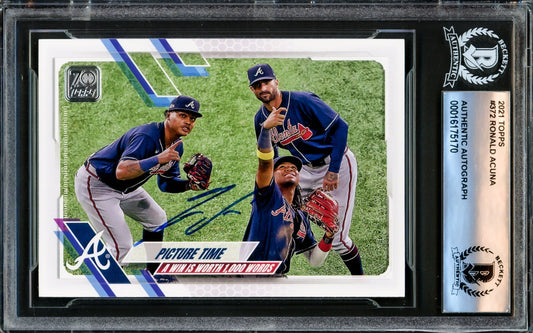 Ronald Acuna Jr. Autographed 2021 Topps Card #372 Atlanta Braves Beckett BAS #16175170