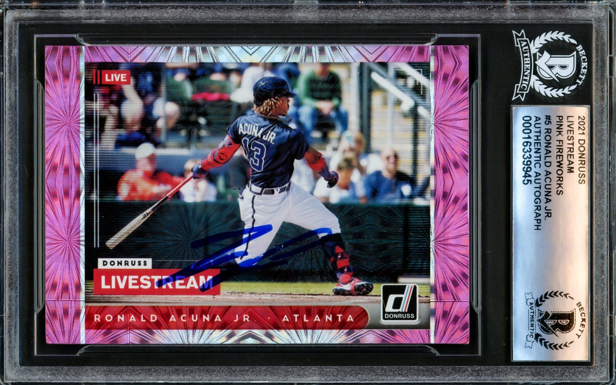 Ronald Acuna Autographed 2021 Donruss Livestream Pink Fireworks Card #LS5 Atlanta Braves Beckett BAS #16339945