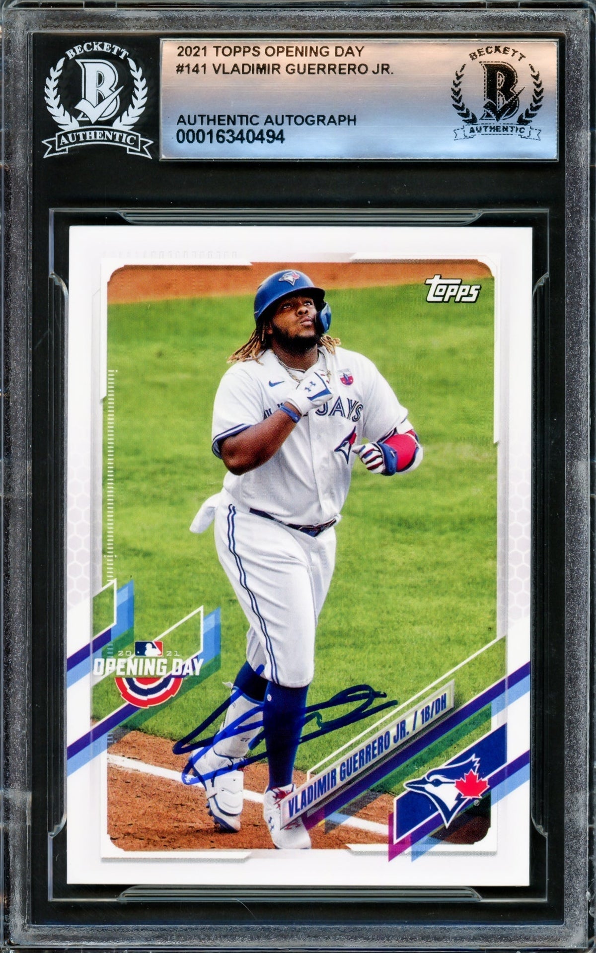 Vladimir Guerrero Jr. Autographed 2021 Topps Opening Day Card #141 Toronto Blue Jays Beckett BAS #16340494