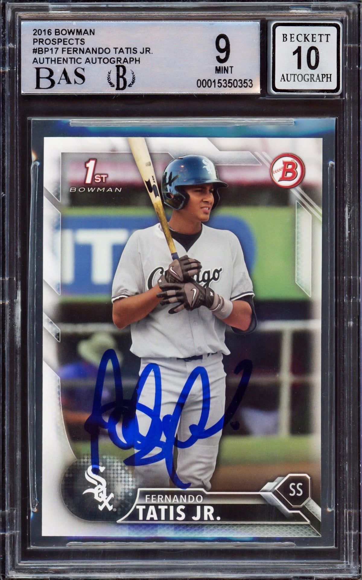 Fernando Tatis Jr. Autographed 2016 Bowman Prospect Rookie Card #BP17 San Diego Padres BGS 9 Auto Grade Gem Mint 10 Beckett BAS Stock #212273