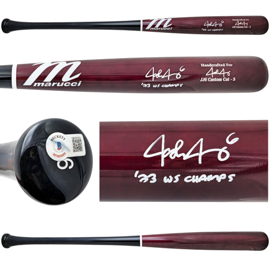 Josh Jung Autographed Maroon & Navy Marucci Player Model Baseball Bat Texas Rangers "23 WS Champs" Beckett BAS Witness