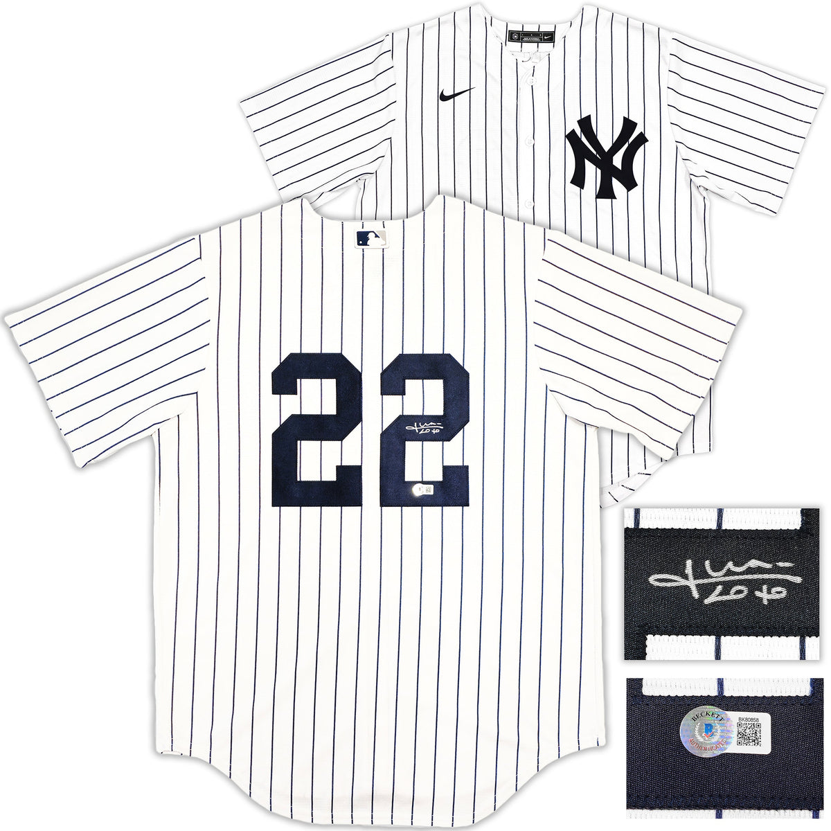 New York Yankees Juan Soto Autographed White Pinstripes Nike Jersey Size L Beckett BAS QR