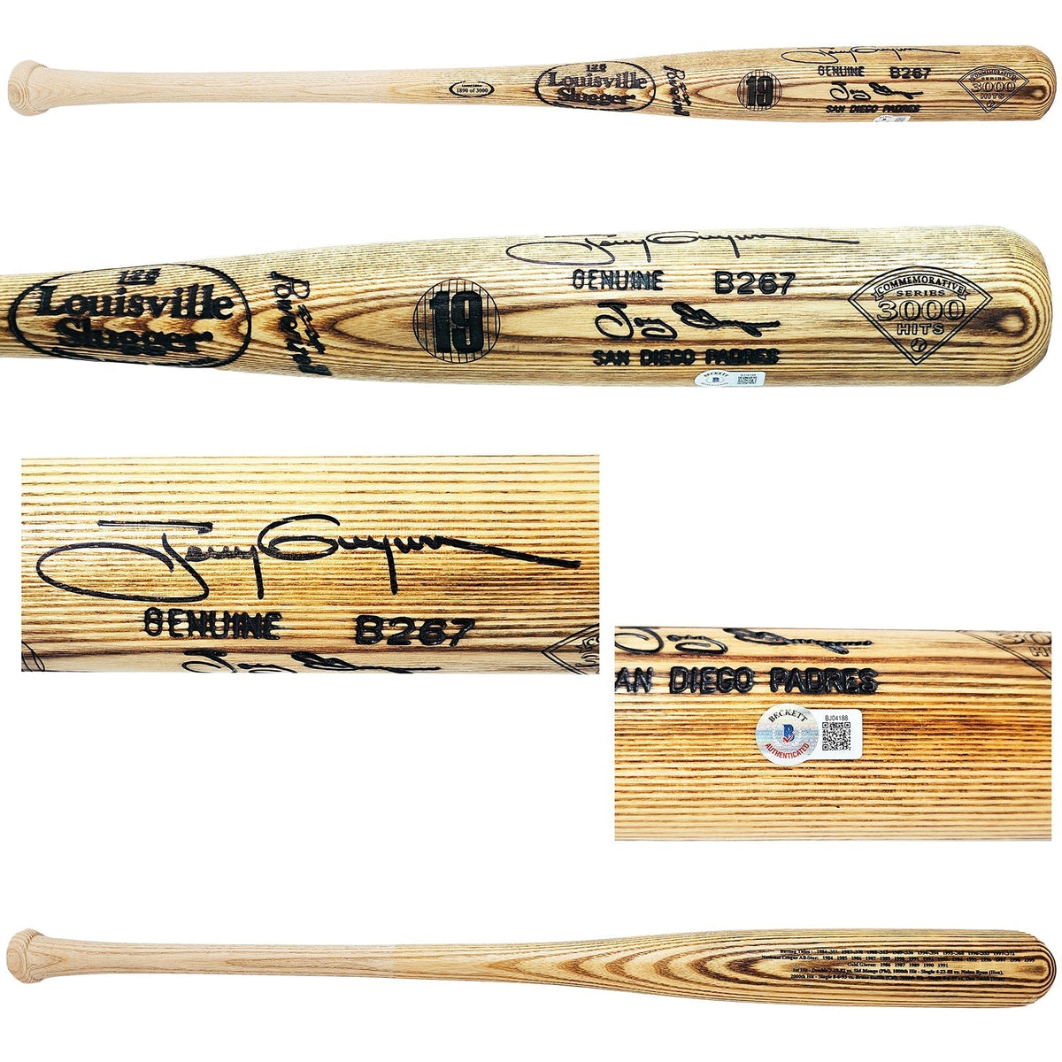 Tony Gwynn Autographed Blonde Louisville Slugger 3000th Hit Bat San Diego Padres #/3000 Beckett BAS QR Stock #212649