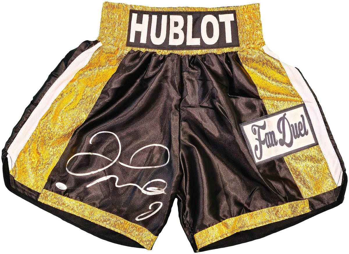 Floyd Mayweather Jr Autographed Black & Gold Boxing Trunks JSA