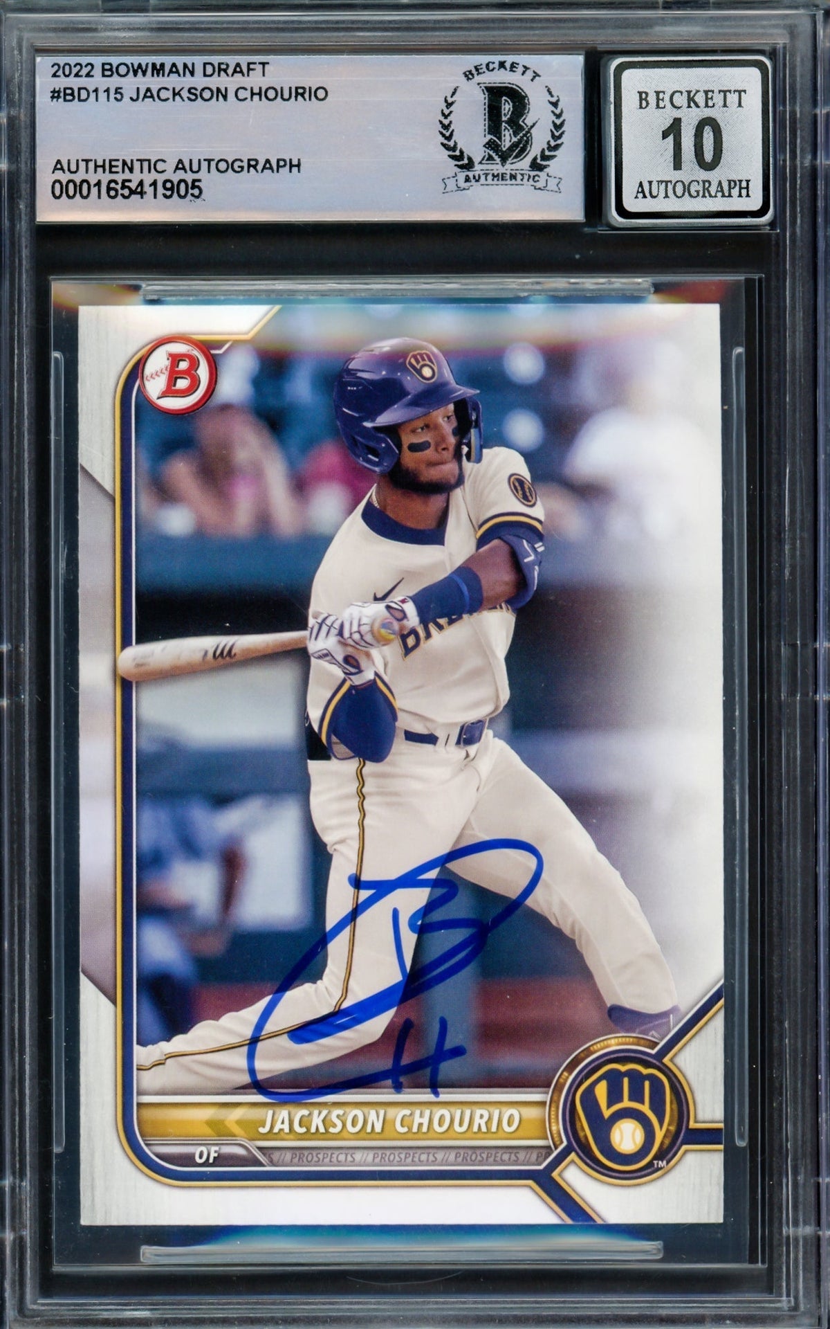 Jackson Chourio Autographed 2022 Bowman Draft Rookie Card #BD115 Milwaukee Brewers Auto Grade Gem Mint 10 Beckett BAS