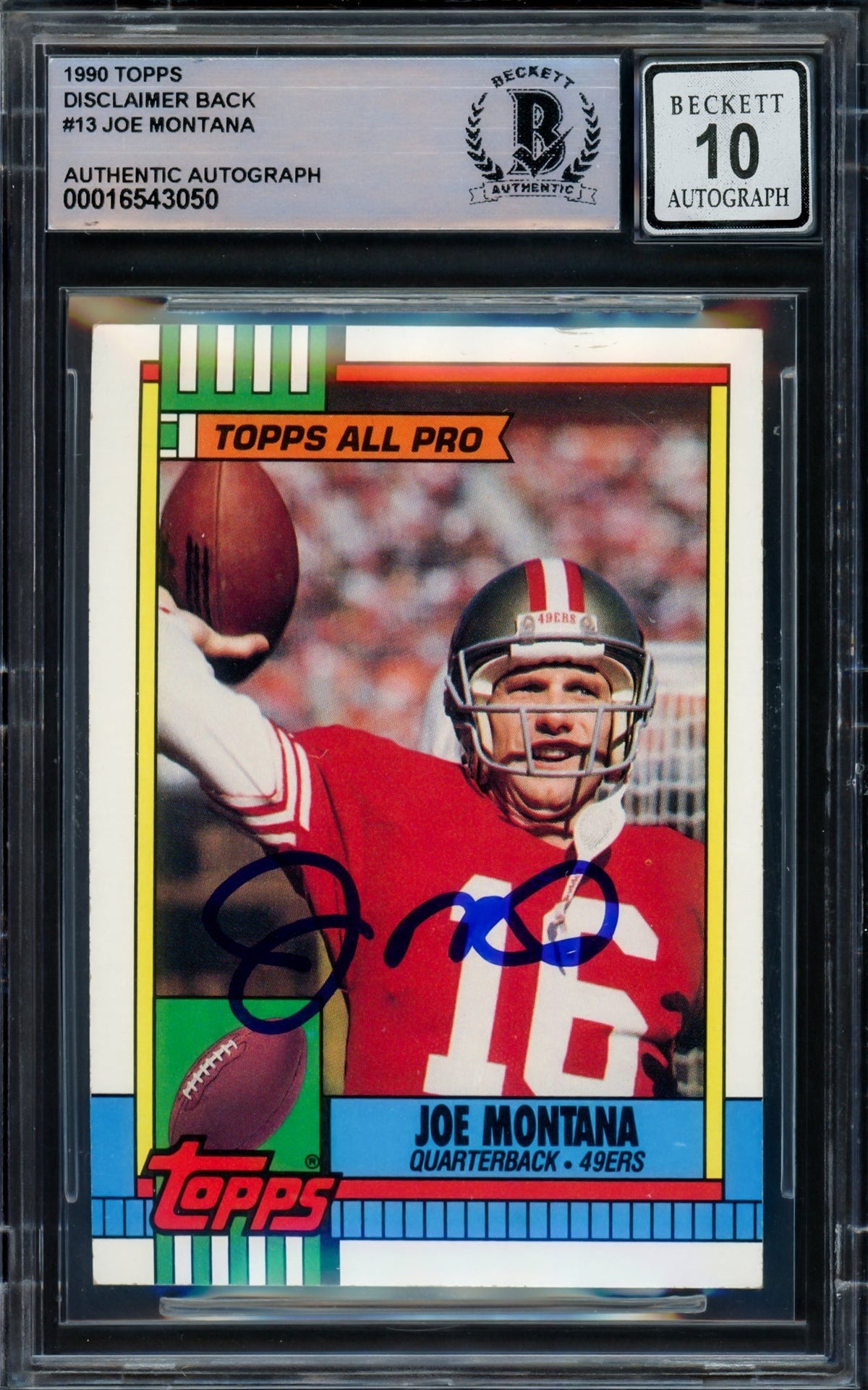Joe Montana Autographed 1990 Topps Card #13 San Francisco 49ers Auto Grade Gem Mint 10 Beckett BAS