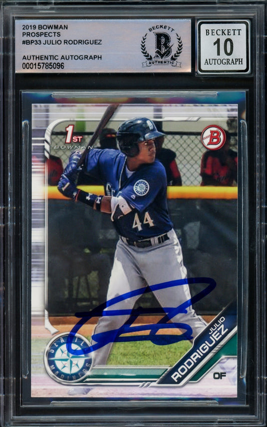 Julio Rodriguez Autographed 2019 1st Bowman Prospects Rookie Card #BP-33 Seattle Mariners Auto Grade Gem Mint 10 Beckett BAS Stock #216707