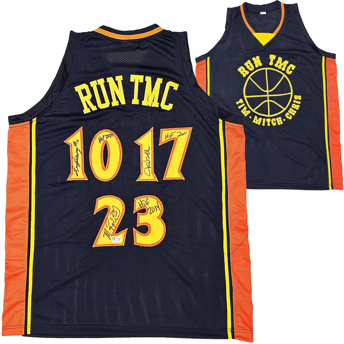 Golden State Warriors Chris Mullin, Tim Hardaway & Mitch Richmond Autographed Dark Blue Jersey Run TMC "HOF" Beckett BAS Witness Stock #216820