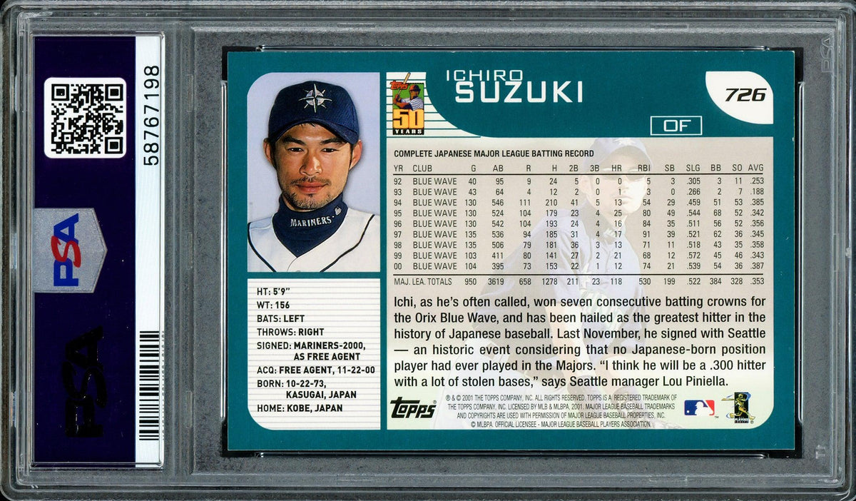 Ichiro Suzuki Autographed 2001 Topps Rookie Card #726 Seattle Mariners PSA 8 Auto Grade Mint 9 PSA/DNA Stock #207425