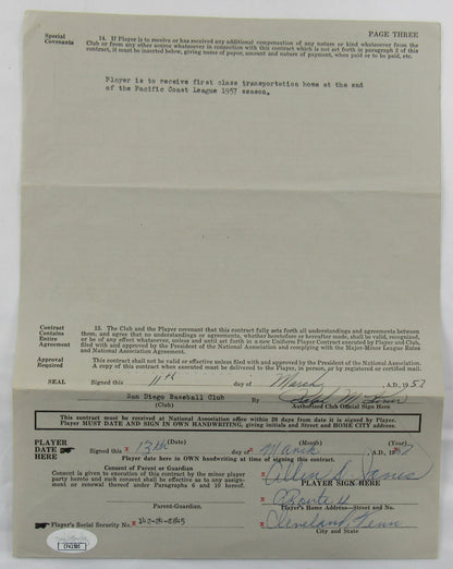 Ralph Kiner Signed Auto Contract JSA CF42580