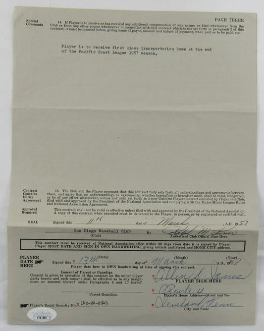 Ralph Kiner Signed Auto Contract JSA CF42580