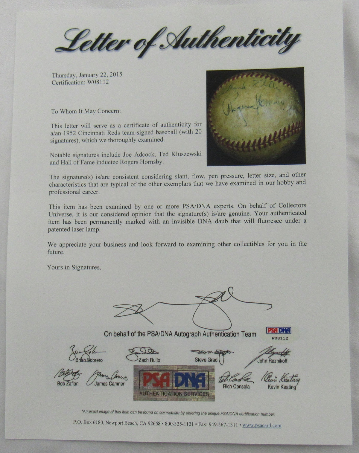 Rogers Hornsby Ted Kluszewski Earle Brucker Sr +17 1952 Reds Team Signed Auto Baseball PSA/DNA LOA W08112