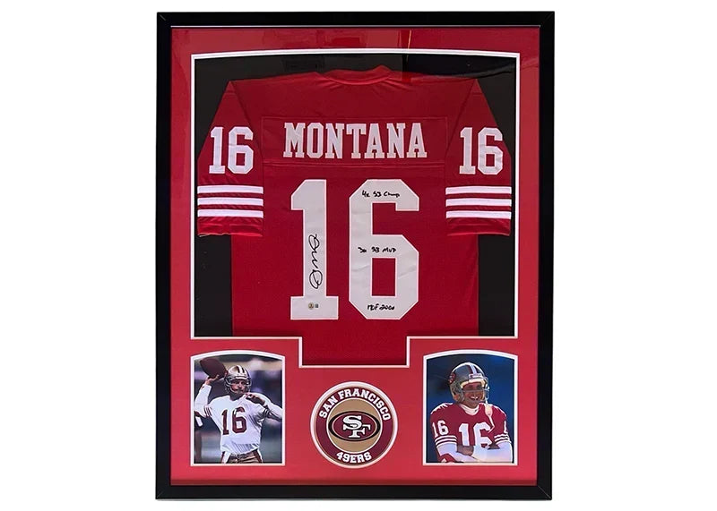 Joe Montana Signed 4x SB Champ - 3x SB MVP - HOF 2000 Inscription San Francisco Framed Jersey 34x42 (Beckett)
