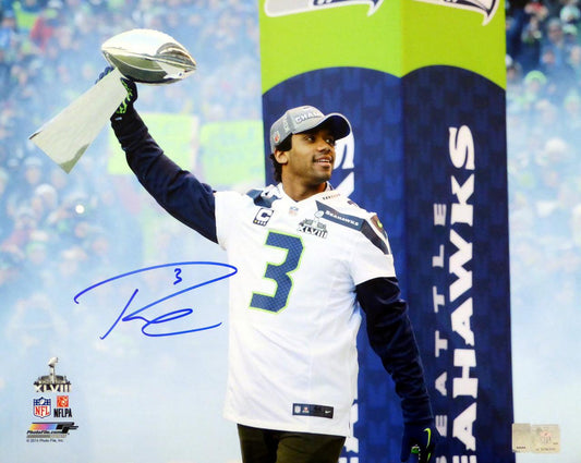 Russell Wilson Autographed 16x20 Photo Seattle Seahawks Super Bowl Trophy RW Holo Stock #95144