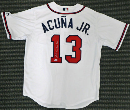 Atlanta Braves Ronald Jose Acuna Blanco Jr. Autographed Majestic Cool Base White Jersey Size L "Full Name" Beckett BAS Stock #190027