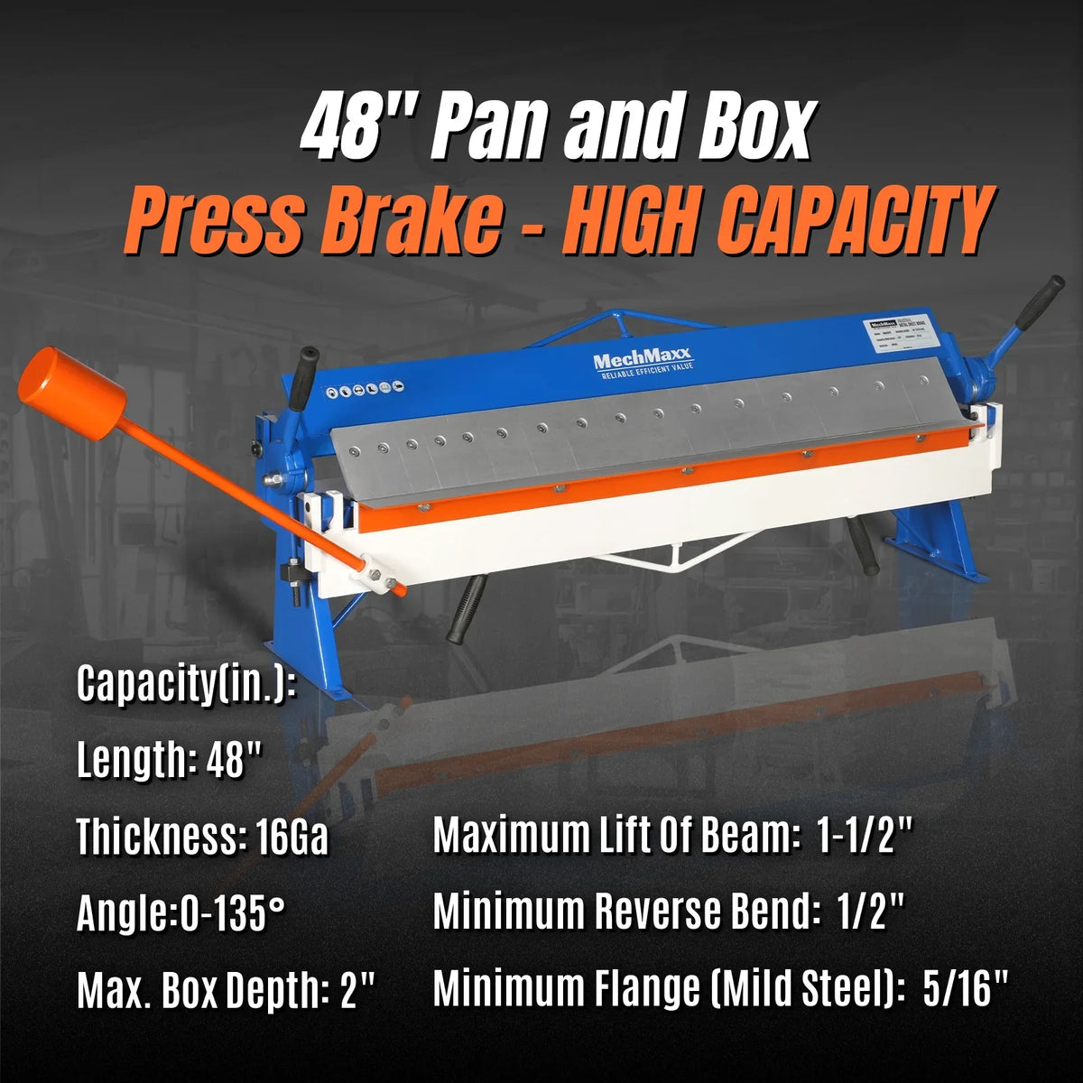 48" Manual Pan and Box Brake - 16 Gauge Mild Steel Capacity, 135° Bending Angle, 16 Precision Fingers, Durable Construction for Accurate Bends"