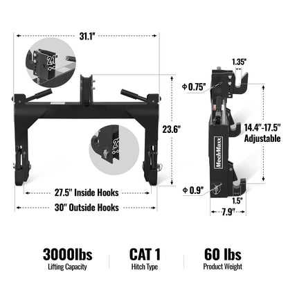 3 Point Quick Hitch Cat 1 for Tractors, Black, QH1B
