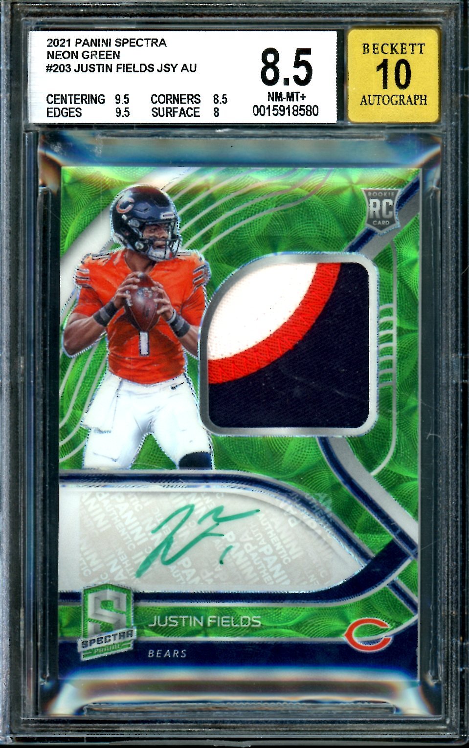 2021 Panini Spectra Justin Fields Rookie Neon Green RPA /35 BGS 8.5 Bears
