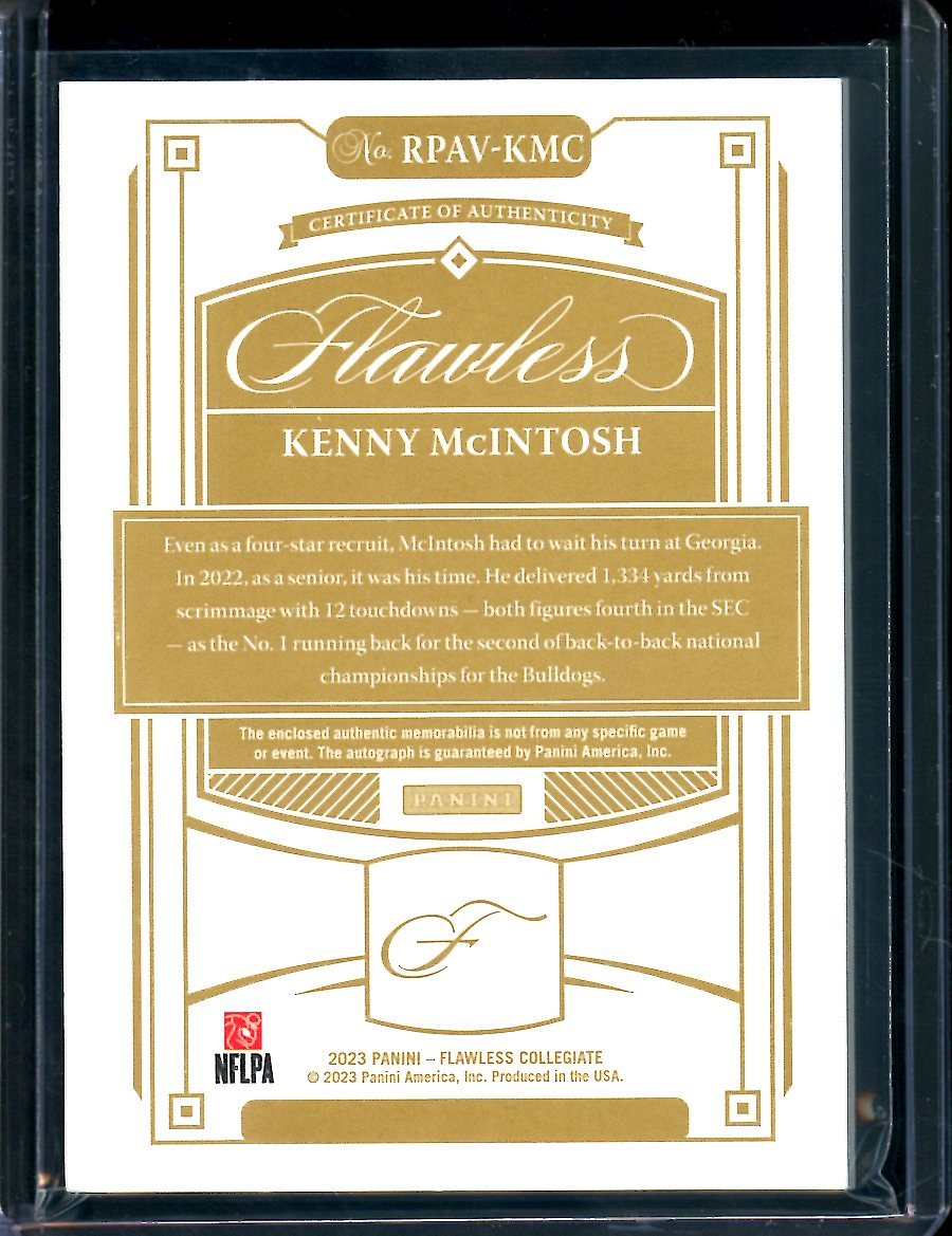 2023 Panini Flawless Collegiate Kenny McIntosh Rookie RPA 1/1 Georgia