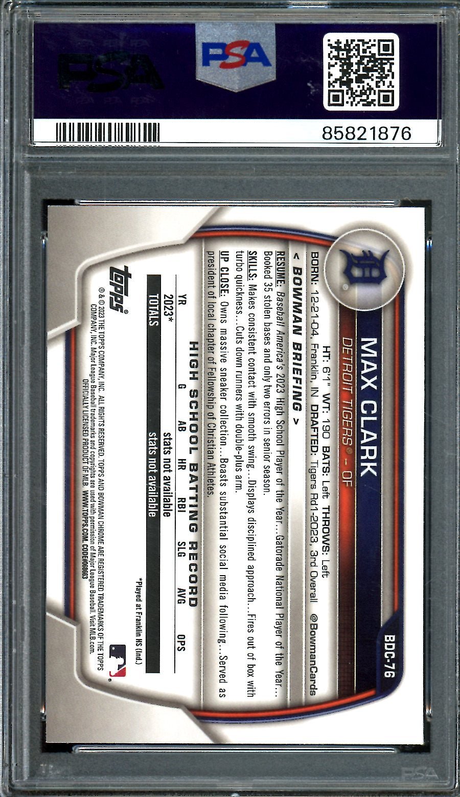 2023 Bowman Draft Max Clark 1st Bowman Purple /250 PSA 10 Tigers