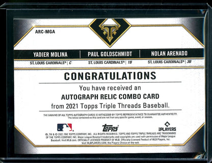 2021 Topps Triple Threads Yadier Molina/Paul Goldschmidt/Nolan Arenado Triple Patch Auto /18 Cardinals