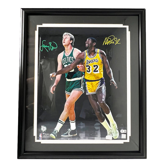 Larry Bird Magic and Johnson Signed Pose 1 Basketball 16x20 Framed Photo (Beckett)