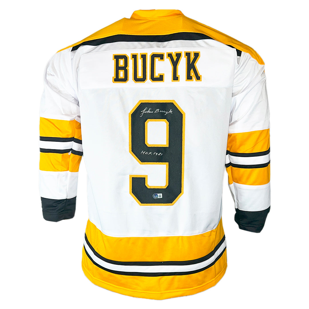 John Bucyk Signed HOF 1981 Inscription Boston White Hockey Jersey (Beckett)