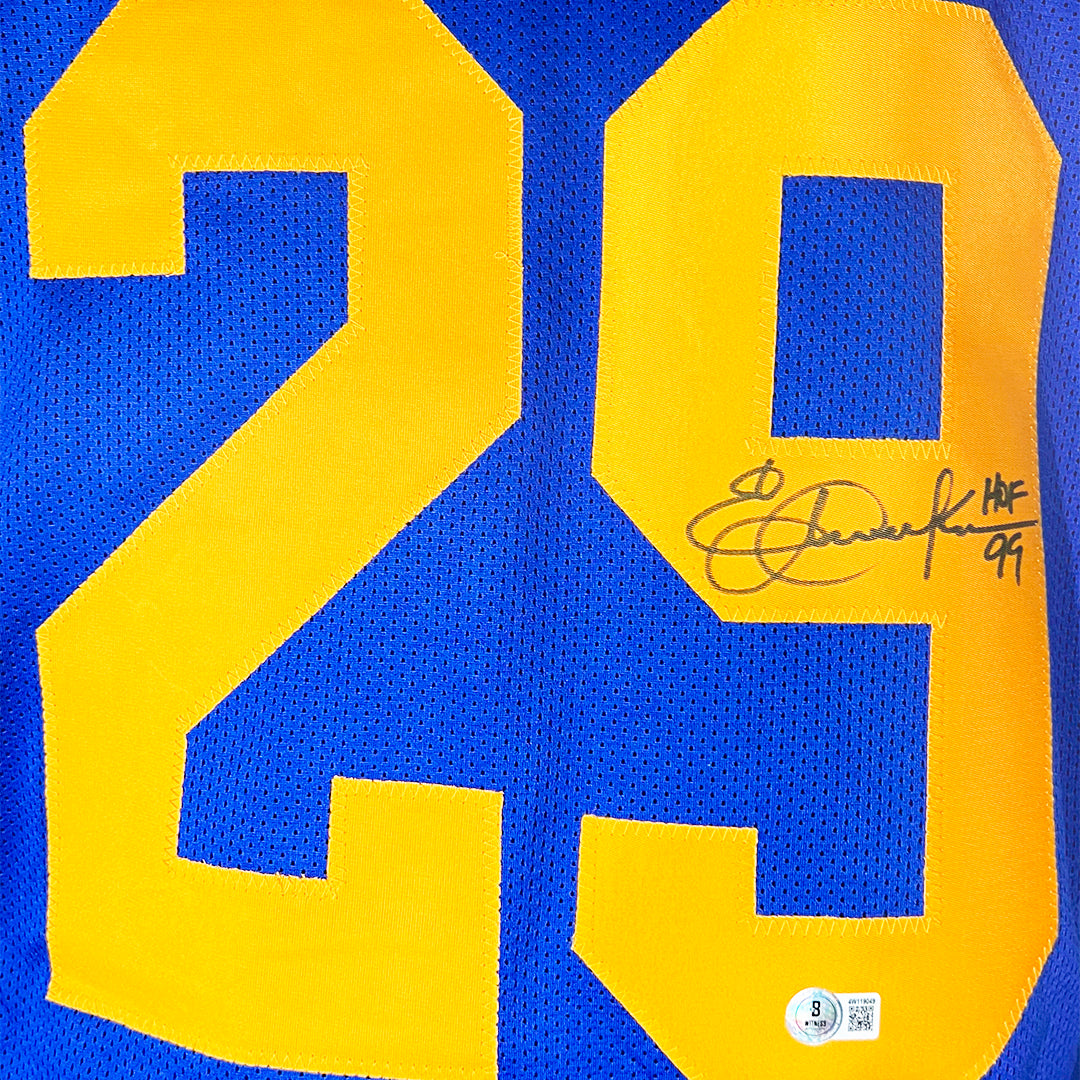 Eric Dickerson Signed HOF 99 Inscription St. Louis Royal Blue Signed on 9 Football Jersey (Beckett)