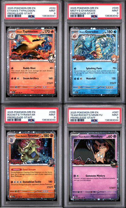 SET OF 4 [PSA 9 - MINT] Destined Rivals - Pre-Release - STAFF Promos - Moltres, Gyarados, Tyranitar & Mimikyu (Sequential Certs)