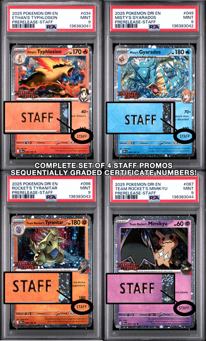 SET OF 4 [PSA 9 - MINT] Destined Rivals - Pre-Release - STAFF Promos - Moltres, Gyarados, Tyranitar & Mimikyu (Sequential Certs)