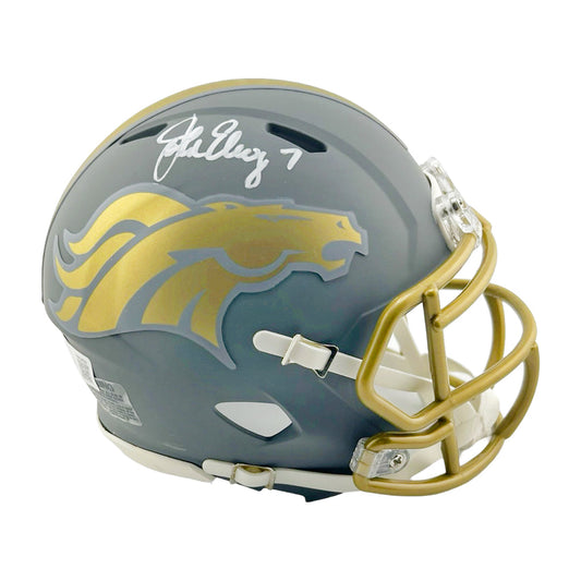 John Elway Signed White Ink Denver Broncos Slate Alternate Speed Mini Football Helmet (Beckett)