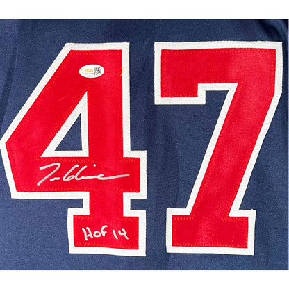 Tom Glavine Signed HOF 14 Inscription Atlanta Navy Baseball Jersey (JSA)