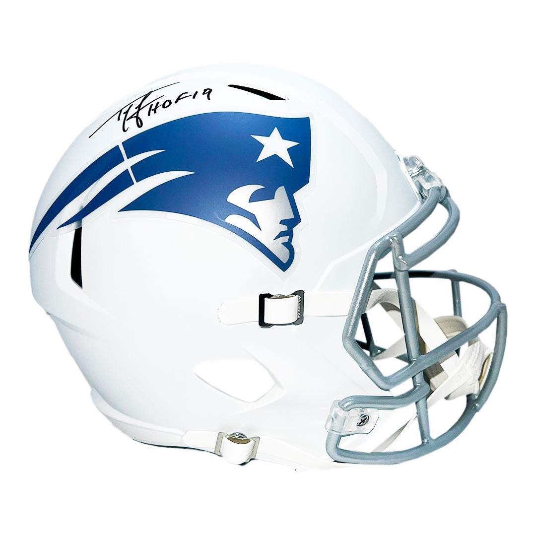 Ty Law Signed HOF 19 Inscription New Patriots Speed Rivalries Full-Size Replica Football Helmet (Beckett)
