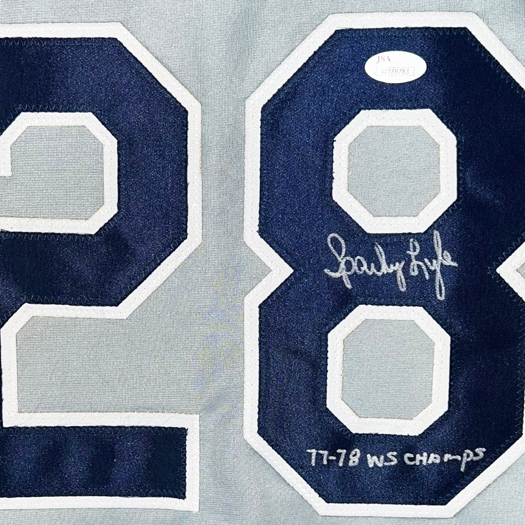 Sparky Lyle Signed 77-78 WS Champs Inscription New York Grey Baseball Jersey (JSA)