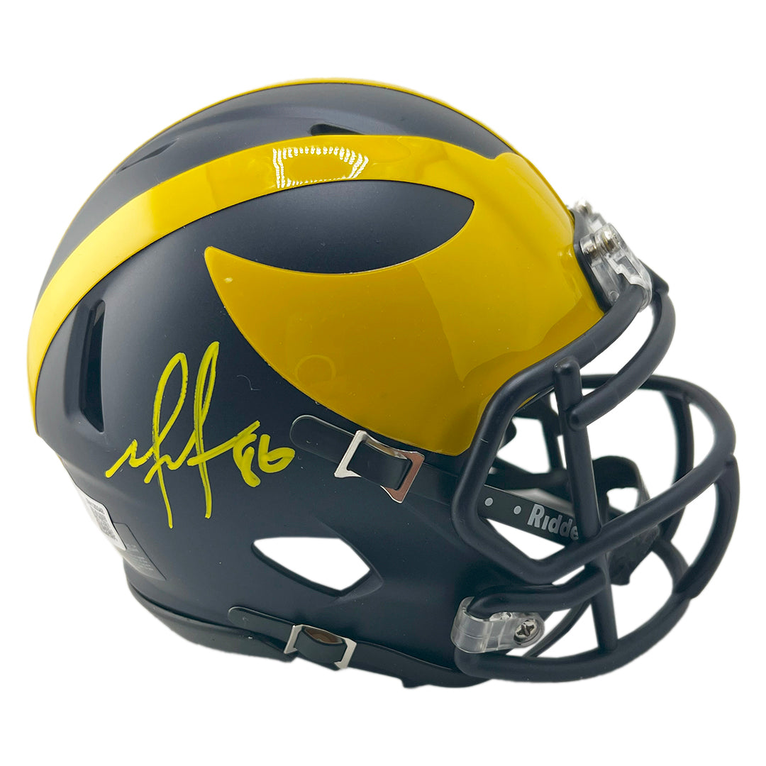 Mario Manningham Signed Yellow Ink Inscription Michigan Wolverines Speed Mini Football Helmet (Beckett)