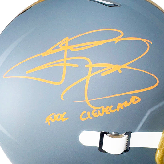 Johnny Manziel Signed F*** Cleveland Inscription Cleveland Browns Slate Alternate Speed Full-Size Replica Football Helmet (Beckett)