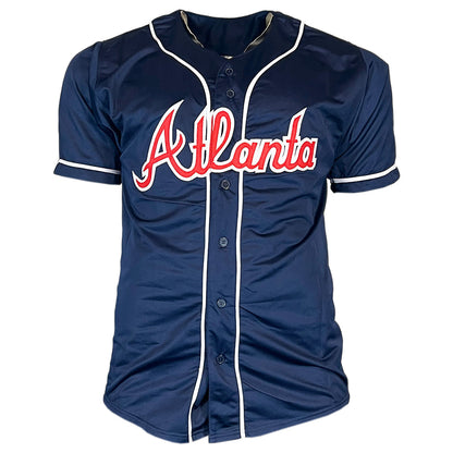 John Rocker Signed F*** NY Inscription Atlanta Navy Baseball Jersey (Beckett)