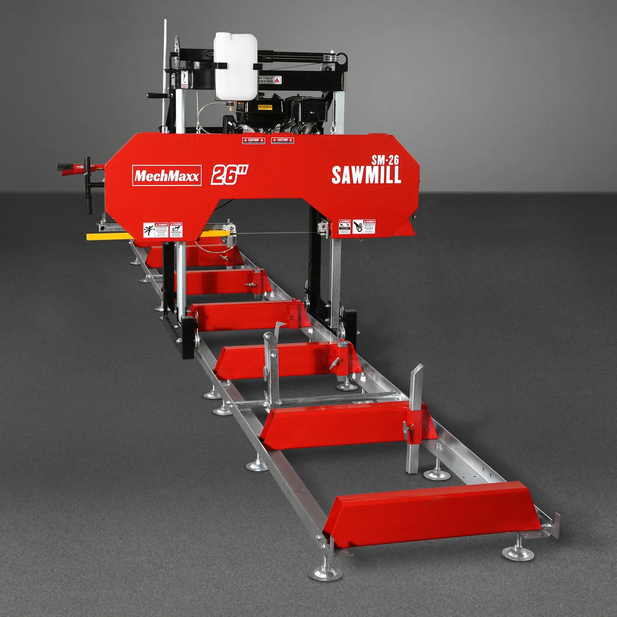 26" Portable Sawmill (5x Blades Included),  459cc 15HP E-Start Gasoline Engine,  20" Board Width,  20' Track Length (13' Track Length + 6.4' Track Extension Included) ,  SM-26