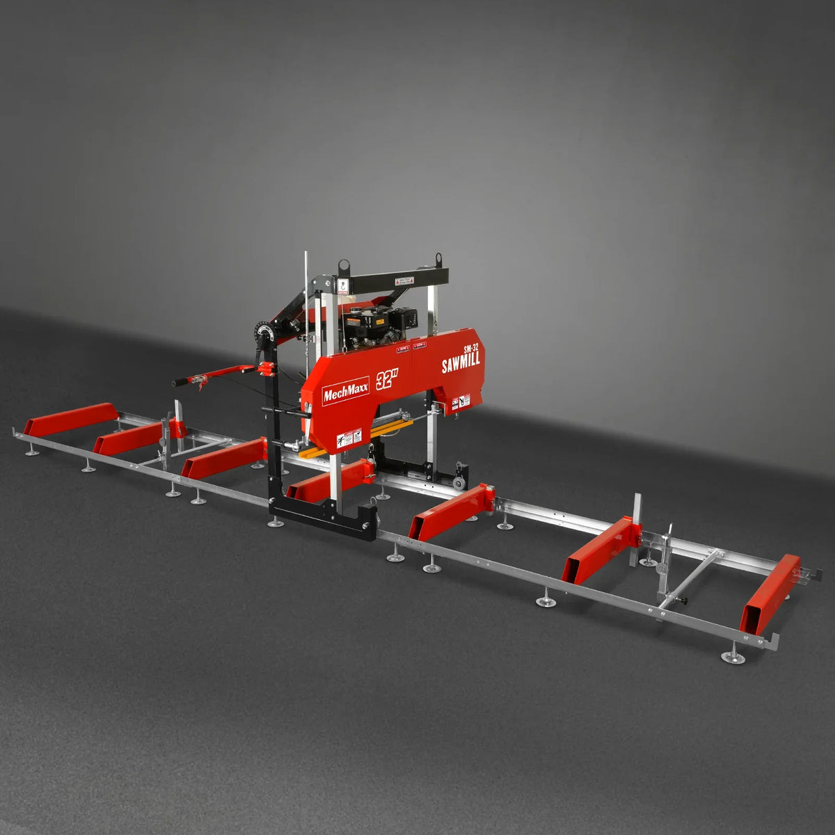32" Portable Sawmill (5 x Blades Included),  420cc 15HP E-Start Gasoline Engine,  26.5" Board Width,  20' Track Length (13' Track Length + 6.4' Track Extension Included) ,  SM-32