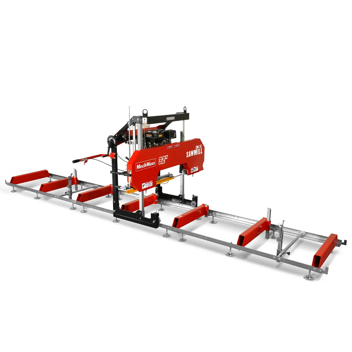 32" Portable Sawmill (5 x Blades Included),  420cc 15HP E-Start Gasoline Engine,  26.5" Board Width,  20' Track Length (13' Track Length + 6.4' Track Extension Included) ,  SM-32