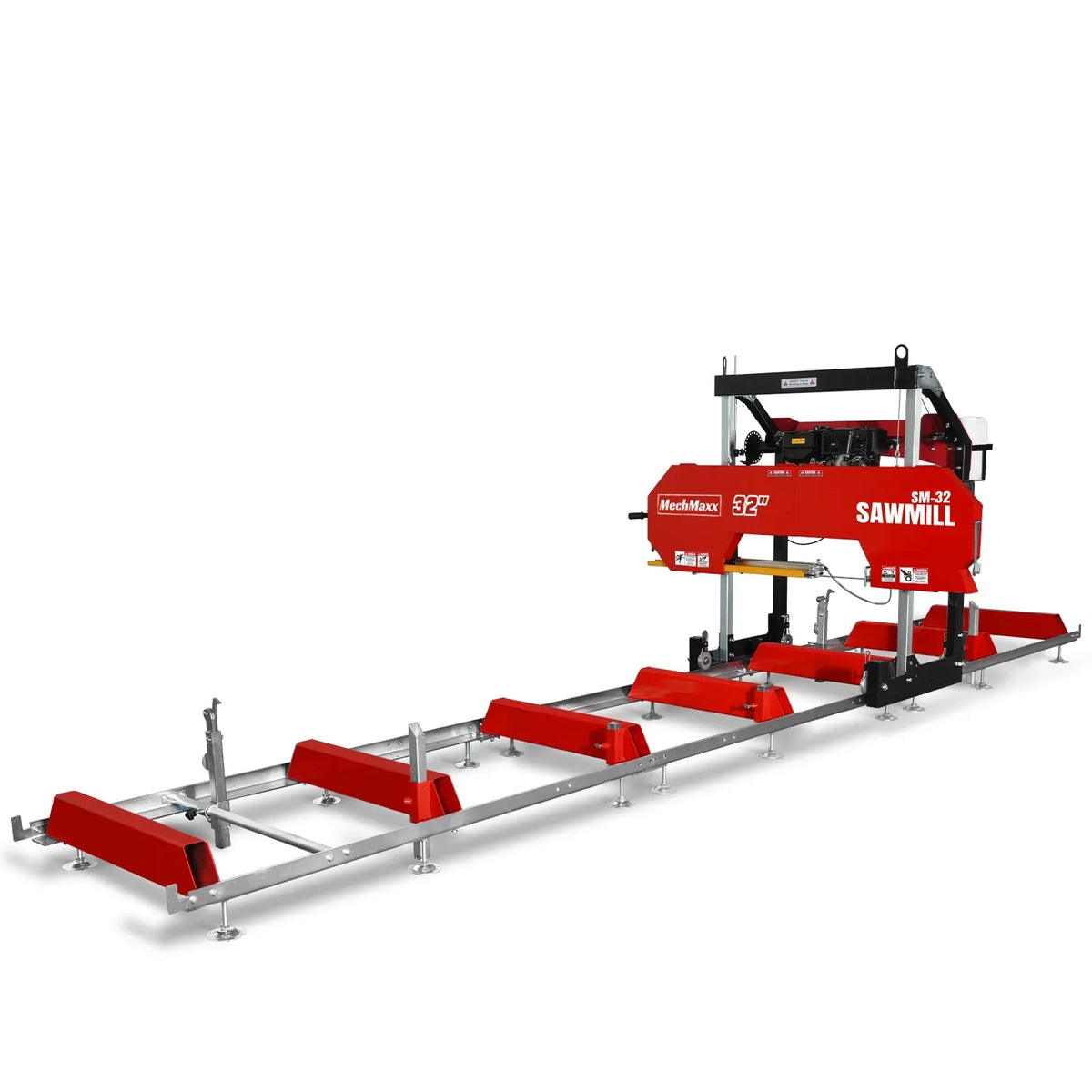 32" Portable Sawmill (5 x Blades Included),  420cc 15HP E-Start Gasoline Engine,  26.5" Board Width,  20' Track Length (13' Track Length + 6.4' Track Extension Included) ,  SM-32