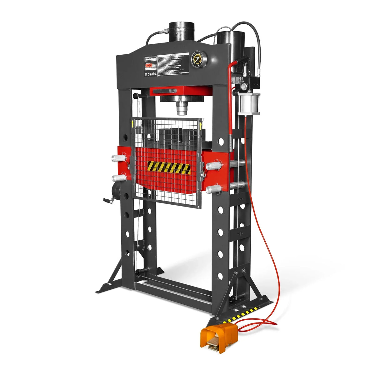 100 Ton H-Frame Air/Hydraulic Shop Press with Hand Winch,  Fully Welded Steel Frame,  Safety Guard,  Foot Pedal Control,  HSP100