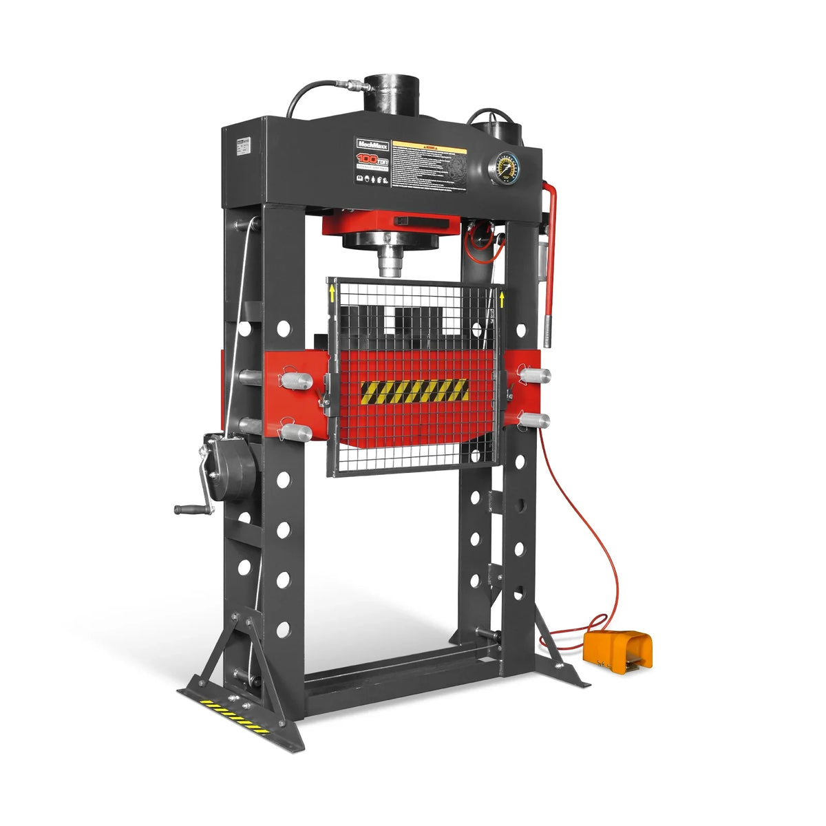 100 Ton H-Frame Air/Hydraulic Shop Press with Hand Winch,  Fully Welded Steel Frame,  Safety Guard,  Foot Pedal Control,  HSP100