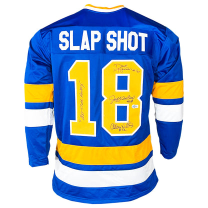 Slap shot Movie Signed Three Signature Old Time Hockey Inscription Blue Hockey Jersey (Beckett)