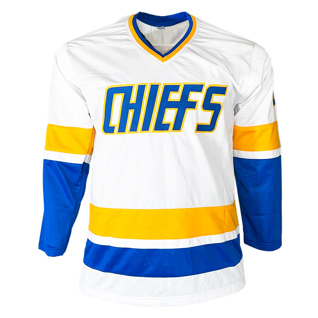 Slap shot Movie Signed Three Signature Old Time Hockey Inscription White Hockey Jersey (Beckett)
